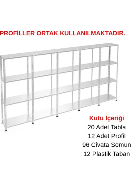 4 Katlı 5'li Galvaniz Çelik Raf - Depo, Arşiv, Kiler, Dosya, Market Rafı - 31x93 cm-150 cm-1.00 mm fırsatları