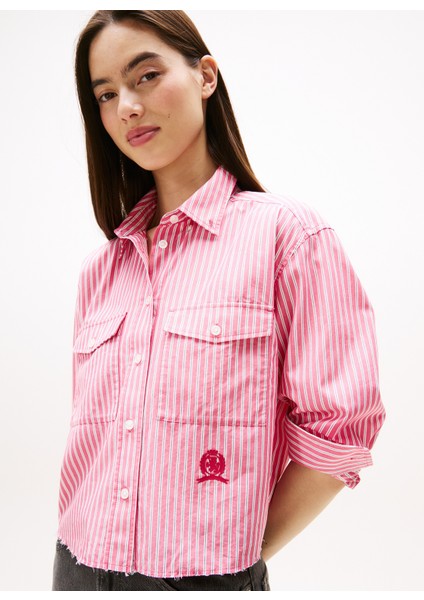 Standart Gömlek Yaka Çizgili Kırmızı Kadın Gömlek DW0DW21453XI5