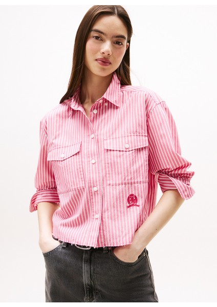 Standart Gömlek Yaka Çizgili Kırmızı Kadın Gömlek DW0DW21453XI5 fırsatları