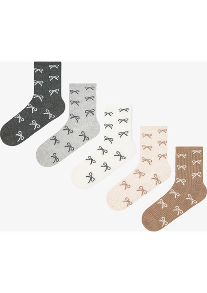 5 Çift Pamuklu Kurdele Desenli Soket Çorap