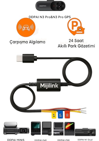 Type-C Park Gözetim Modu Kablosu N3 pro Z50 Z40 N1 dual mini5 Uyumlu Mikro 24 Saat Park gözetim Kablosu