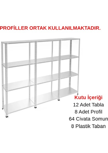 4 Katlı 3'lü Galvaniz Çelik Raf - Depo, Arşiv, Kiler, Dosya, Market Rafı - 43x93 cm-100 cm-0.70 mm fırsatları
