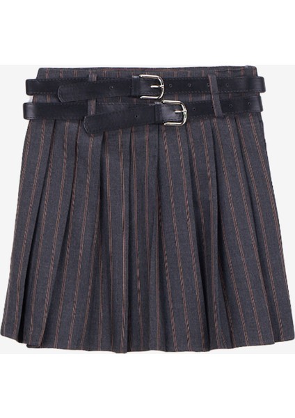 Yüksek Bel Koyu Gri Kadın Piliseli Mini Etek PBF5WL-ETK5107