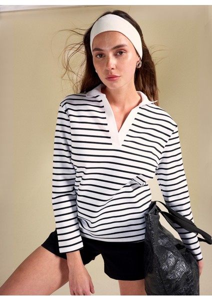 Çizgili Siyah - Beyaz Kadın Polo T-Shirt