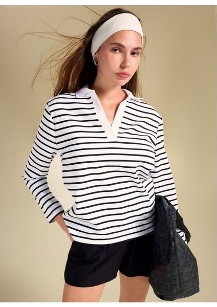 Çizgili Siyah - Beyaz Kadın Polo T-Shirt modelleri