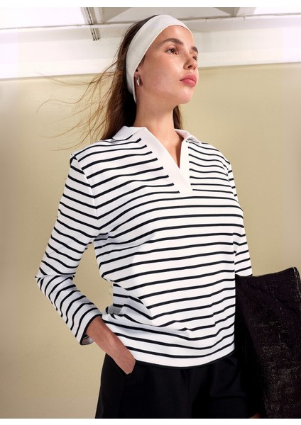 Çizgili Siyah - Beyaz Kadın Polo T-Shirt fırsatları
