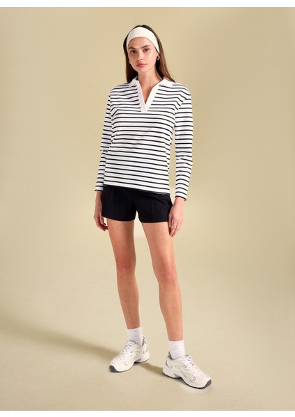 Çizgili Siyah - Beyaz Kadın Polo T-Shirt
