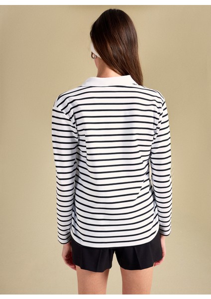 Çizgili Siyah - Beyaz Kadın Polo T-Shirt