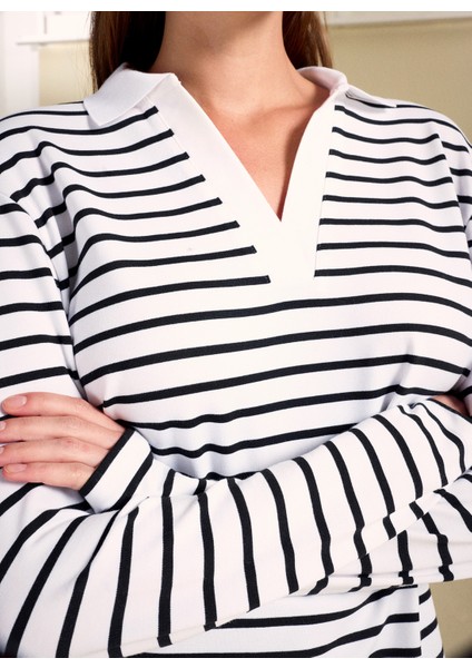 Çizgili Siyah - Beyaz Kadın Polo T-Shirt