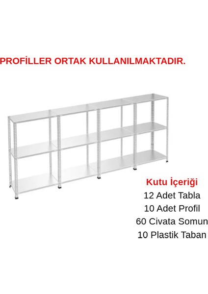 3 Katlı 4'lü Galvaniz Çelik Raf - Depo, Arşiv, Kiler, Dosya, Market Rafı - 59x93 cm-150 cm-1.00 mm fırsatları