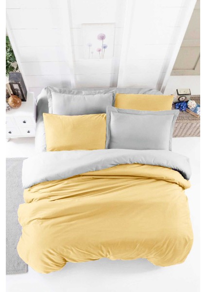 Çift Kişilik Lastikli Çarşaflı Nevresim Takımı Pamuklu Four Season Hardal Gri