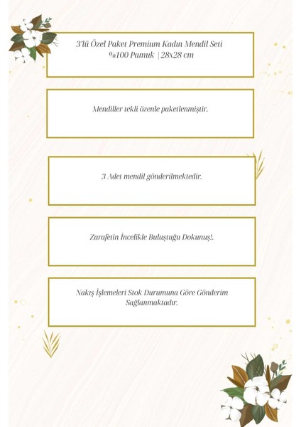 3’lü Özel Paket Premium Kadın Işlemeli Mendil Seti &AMP;#37;100 Pamuk 28X28 cm fırsatları