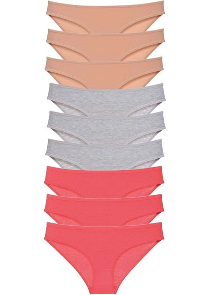 9 Adet Süper Eko Set Likralı Kadın Slip Külot Ten Gri Fuşya