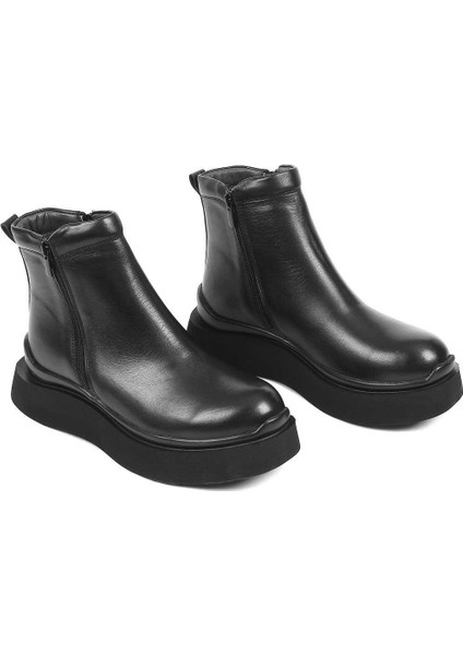Kadın Siyah Çift Fermuarlı Deri Bot