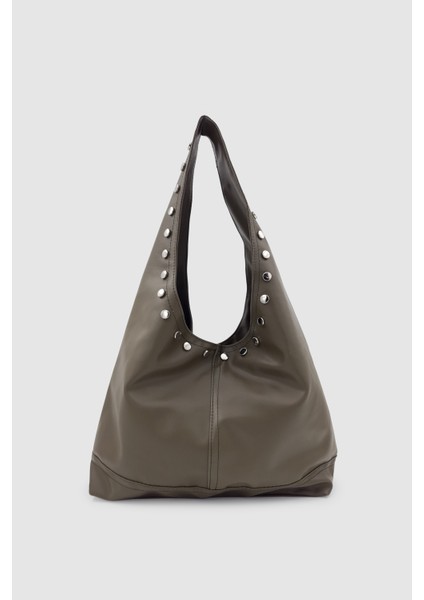 Stula Büyük Hacimli Mıknatıslı Zımba Detaylı Hobo Omuz Çantası Haki