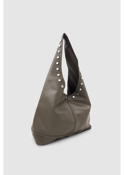 Stula Büyük Hacimli Mıknatıslı Zımba Detaylı Hobo Omuz Çantası Haki fiyatları