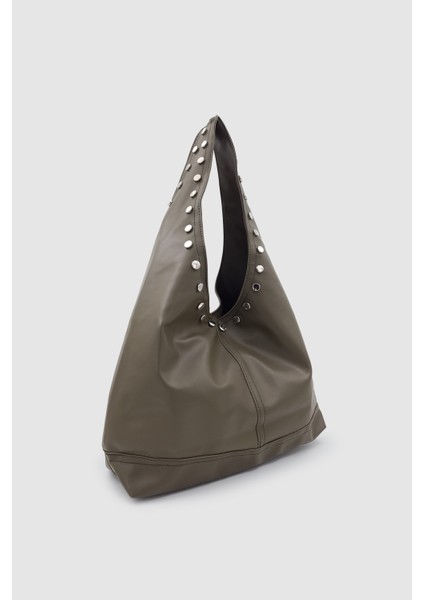 Stula Büyük Hacimli Mıknatıslı Zımba Detaylı Hobo Omuz Çantası Haki indirimleri