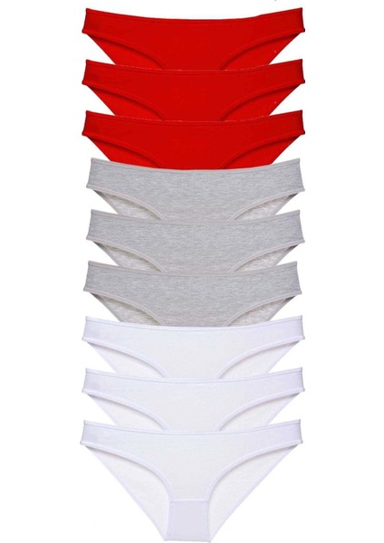 9 Adet Süper Eko Set Likralı Kadın Slip Külot Kırmızı Gri Beyaz