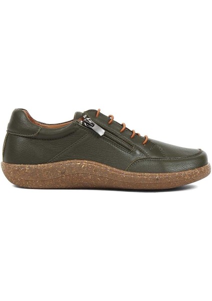 Kadın Haki Bağcıklı Fermuarlı Deri Ayakkabı