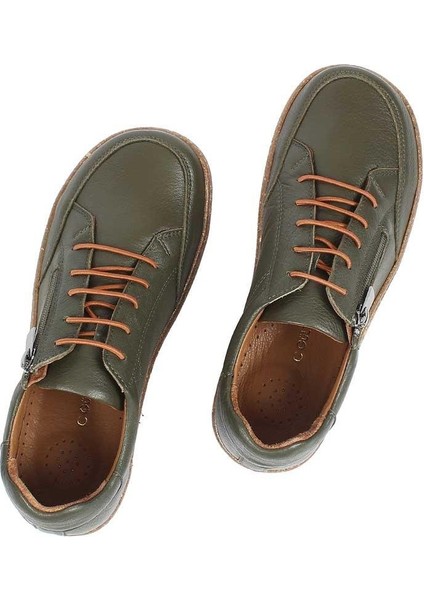 Kadın Haki Bağcıklı Fermuarlı Deri Ayakkabı