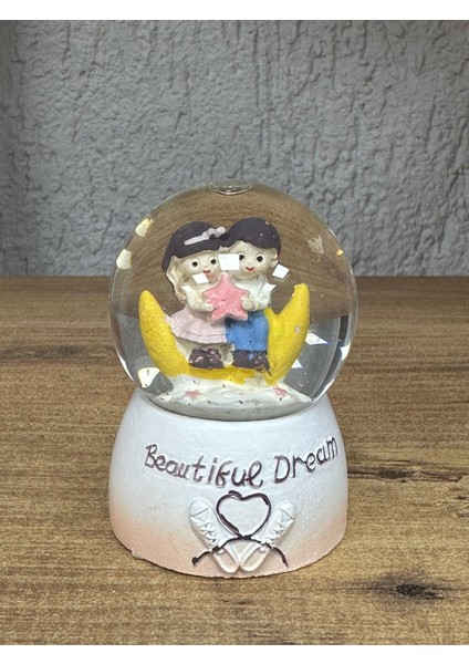 Sevimli Çiftler Hilal ve Yıldız Temalı Küçük Boy Işıklı Kar Küresi Dekoratif Hediyelik Eşya