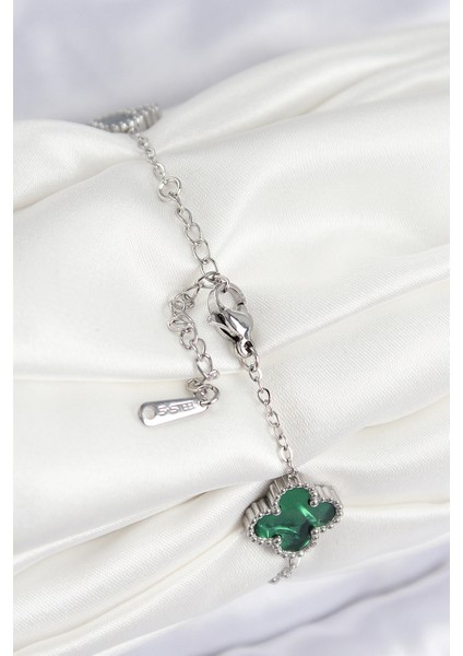 316L Çelik Sedefli Zümrüt Yeşil Gümüş Renk Yonca Kadın Bileklik