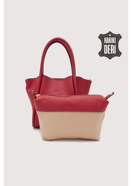 Hakiki Deri Kadın Organizerlı El Çantası Kırmızı SMR9206