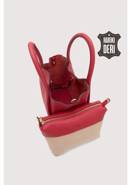 Hakiki Deri Kadın Organizerlı El Çantası Kırmızı SMR9206