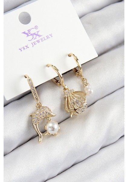 Pirinç Zirkon Taşlı 3'lü Yunus Balığı ve Istiridye Model Gold Renk Kadın Küpe