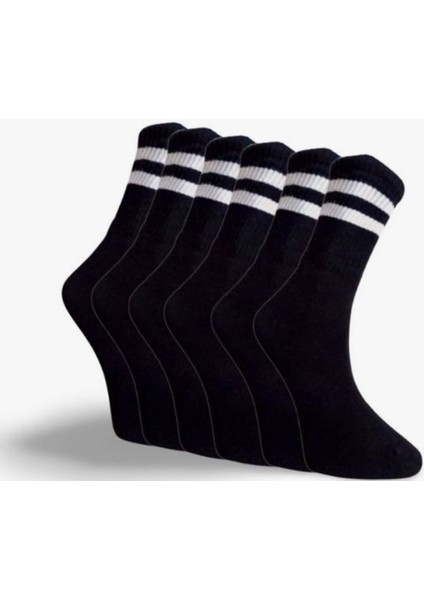 6’lı Erkek Tenis – Kolej Çorabı | Beyaz & Siyah Renk Seçenekleri | Çift Şeritli Uzun Spor Çorap