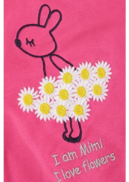 Kız Çocuk Eşofman Takım Çiçek Temalı Tavşancık Nakışlı 1-4 Yaş Fuşya Renkli