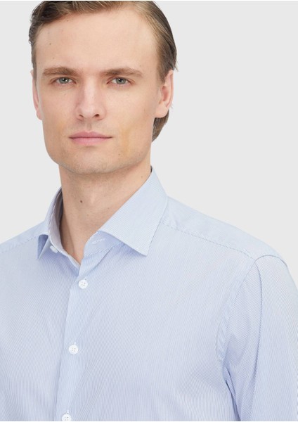 Lacivert Çizgili Regular Fit Dokuma Klasik Pamuk Karışımlı Gömlek modelleri