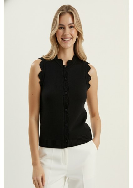Kadın Dantel Örgü Düğmeli Triko Yelek | Siyah – Zarif & Şık Tasarım – Standart Beden