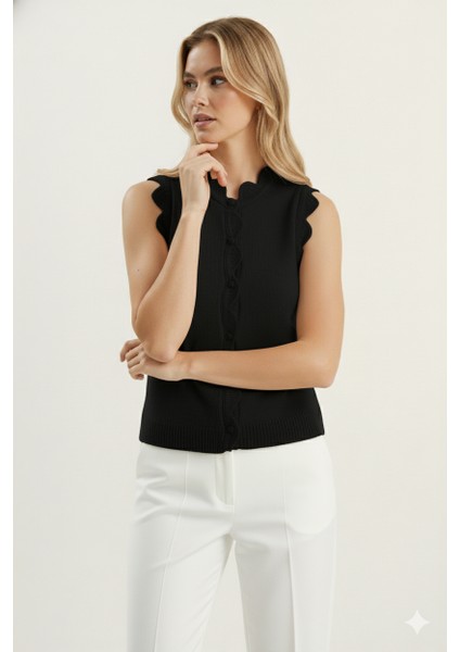 Kadın Dantel Örgü Düğmeli Triko Yelek | Siyah – Zarif & Şık Tasarım – Standart Beden fiyatları