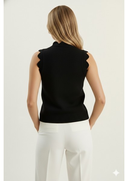 Kadın Dantel Örgü Düğmeli Triko Yelek | Siyah – Zarif & Şık Tasarım – Standart Beden modelleri