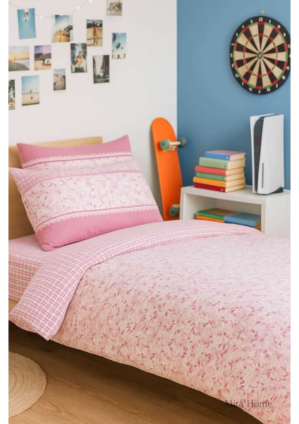 Pembe Çiçek Desenli Pamuklu Tek Kişilik Nevresim Takımı