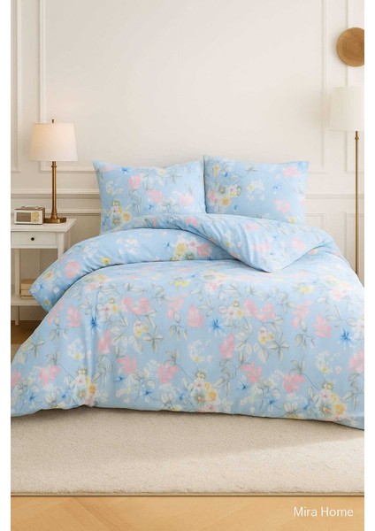 Çift Kişilik Pamuklu Nevresim Takımı Mavi Çiçek Desenli
