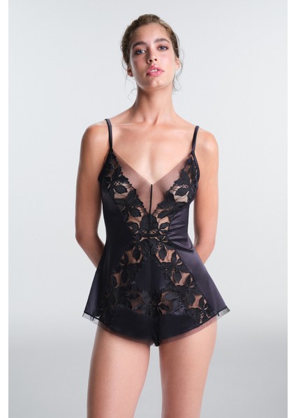 Siyah Oden Dantelli Ayarlanabilir Askılı Balensiz Teddy