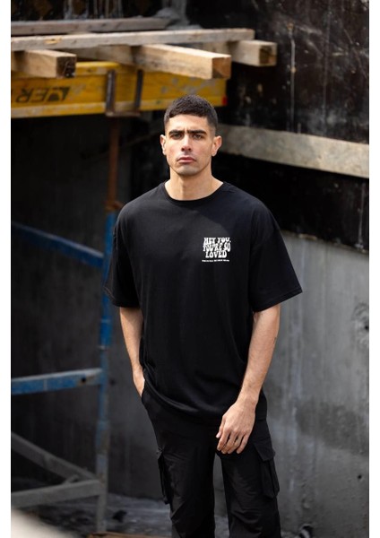 Unisex Bisiklet Yaka Baskılı Oversize T-Shirt - Siyah -Vlmr