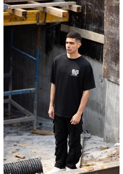 Unisex Bisiklet Yaka Baskılı Oversize T-Shirt - Siyah -Vlmr fiyatları