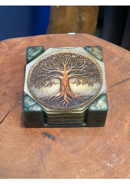 Doğanın Enerjisi | 5’li Sekizgen Epoksi Yaşam Ağacı Bardak Altlığı & Stand Seti modelleri