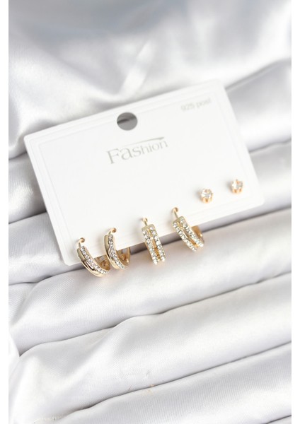 Pirinç Gold Renk Zirkon Taşlı 925 Gümüş Çivili Kadın Küpe Seti - TJ-BKP11257