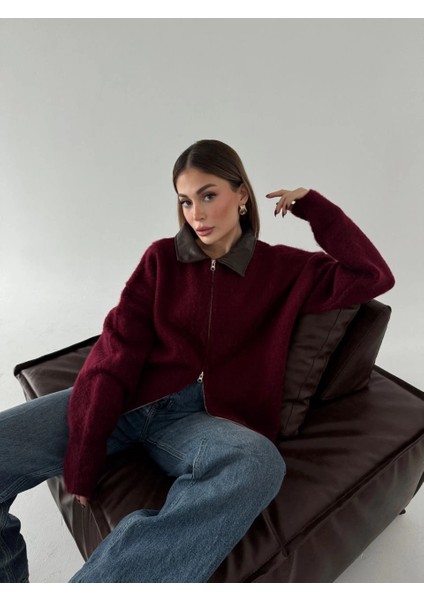 Deri Yakalı Pamuk Dokulu Çift Taraflı Çalışan Fermuar Ceket - Bordo -Vlmr