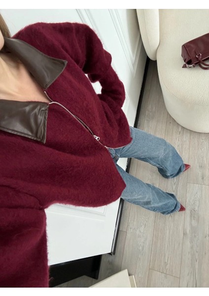 Deri Yakalı Pamuk Dokulu Çift Taraflı Çalışan Fermuar Ceket - Bordo -Vlmr fırsatları