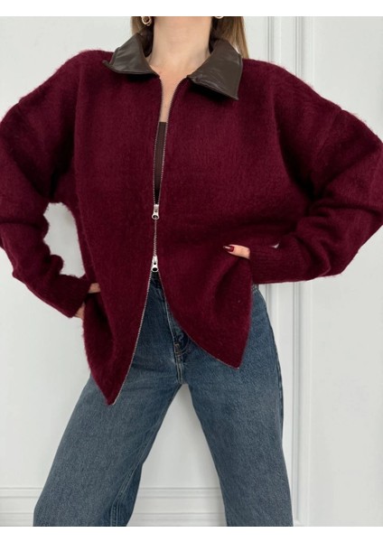 Deri Yakalı Pamuk Dokulu Çift Taraflı Çalışan Fermuar Ceket - Bordo -Vlmr indirimleri