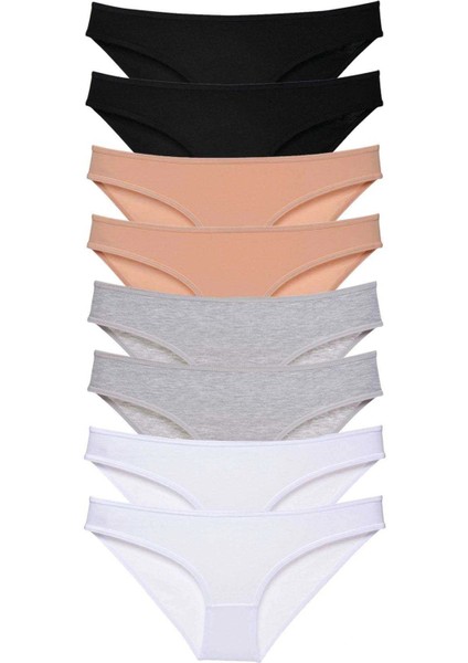8 Adet Süper Eko Set Likralı Kadın Slip Külot Siyah Ten Gri Beyaz
