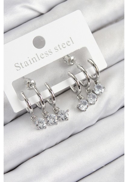 Pirinç Sallantılı Zirkon Taşlı Model Gümüş Renk Kadın Küpe