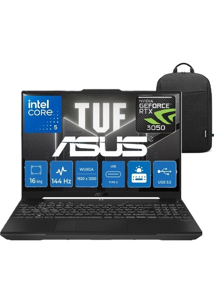 Tuf Gaming F16 FX607VJ Intel Core 5 210H 16GB 512GB SSD RTX3050 Windows 11 Pro 16" Wuxga Taşınabilir Bilgisayar Snertech Çanta