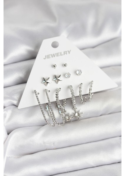 Pirinç Gümüş Renk Küpe Seti 6'lı - TJ-BKP11334