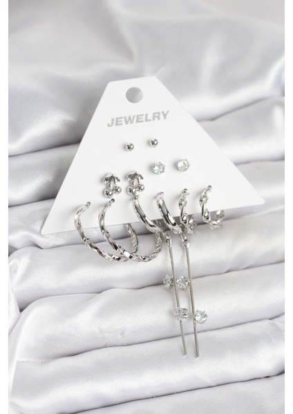 Gümüş Renk Pirinç 6'lı Kadın Küpe Seti - TJ-BKP11341